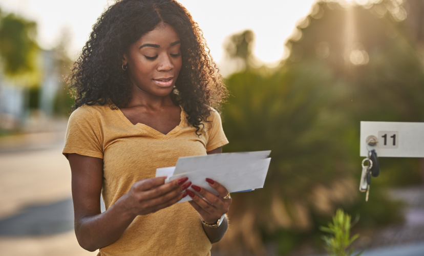 woman looking through her direct mail letters