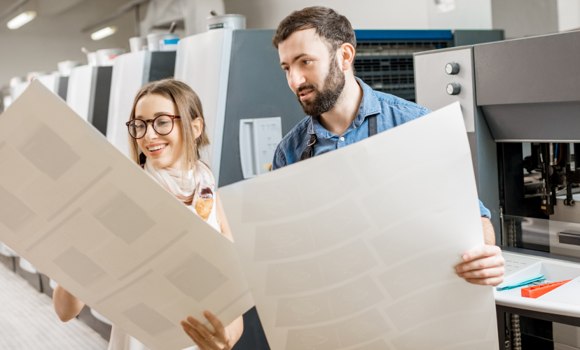 Print technician reviewing large prints with graphic designer